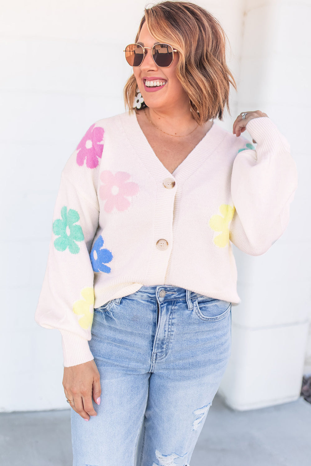 Beige Floral Pattern V Neck Buttoned Plus Size Cardigan