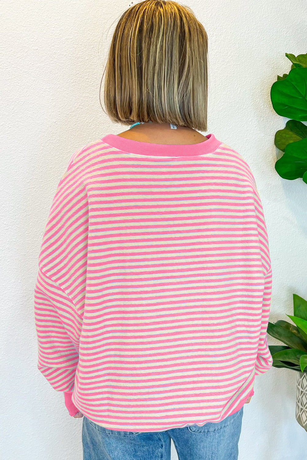 Pink Stripe Drop Shoulder Long Sleeve Top