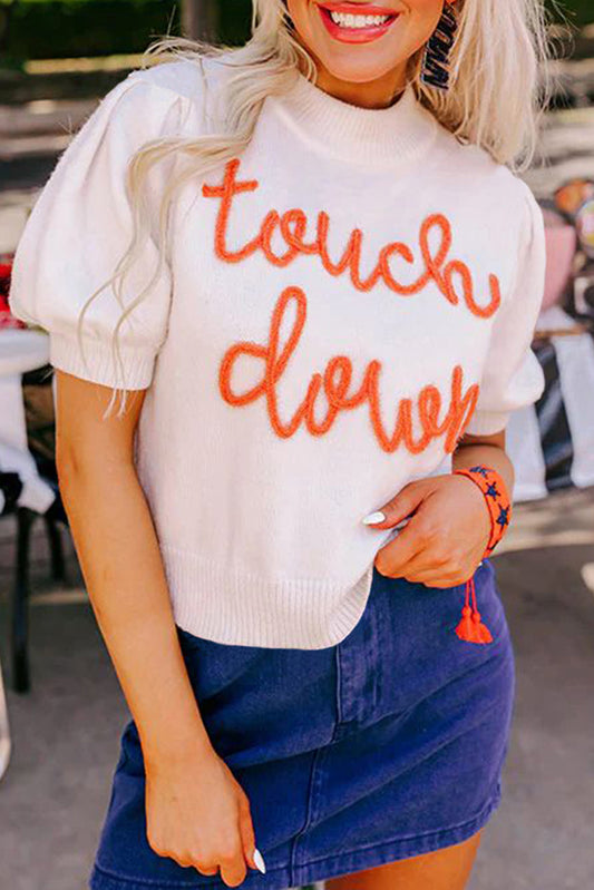 White Touchdown Tinsel Puff Short Sleeve Crew Neck Sweater