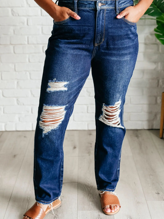 Judy Blue High Rise Rigid Magic Distressed Straight Jeans