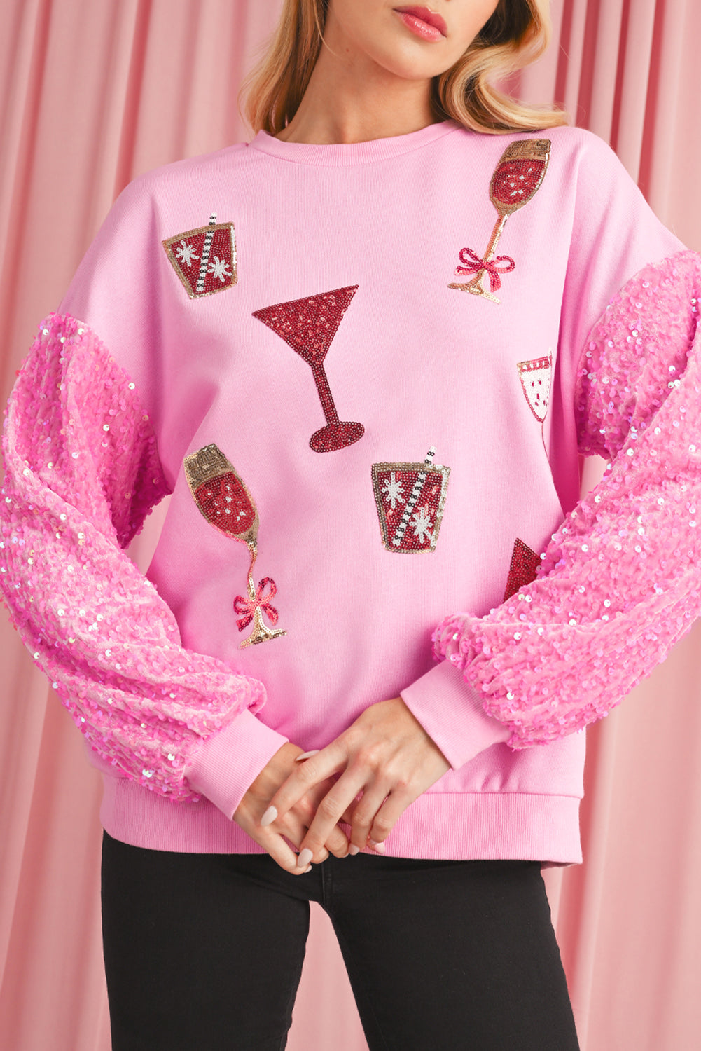 Pink Shiny Goblet Graphic Drop Shoulder Sequin Sleeve Top