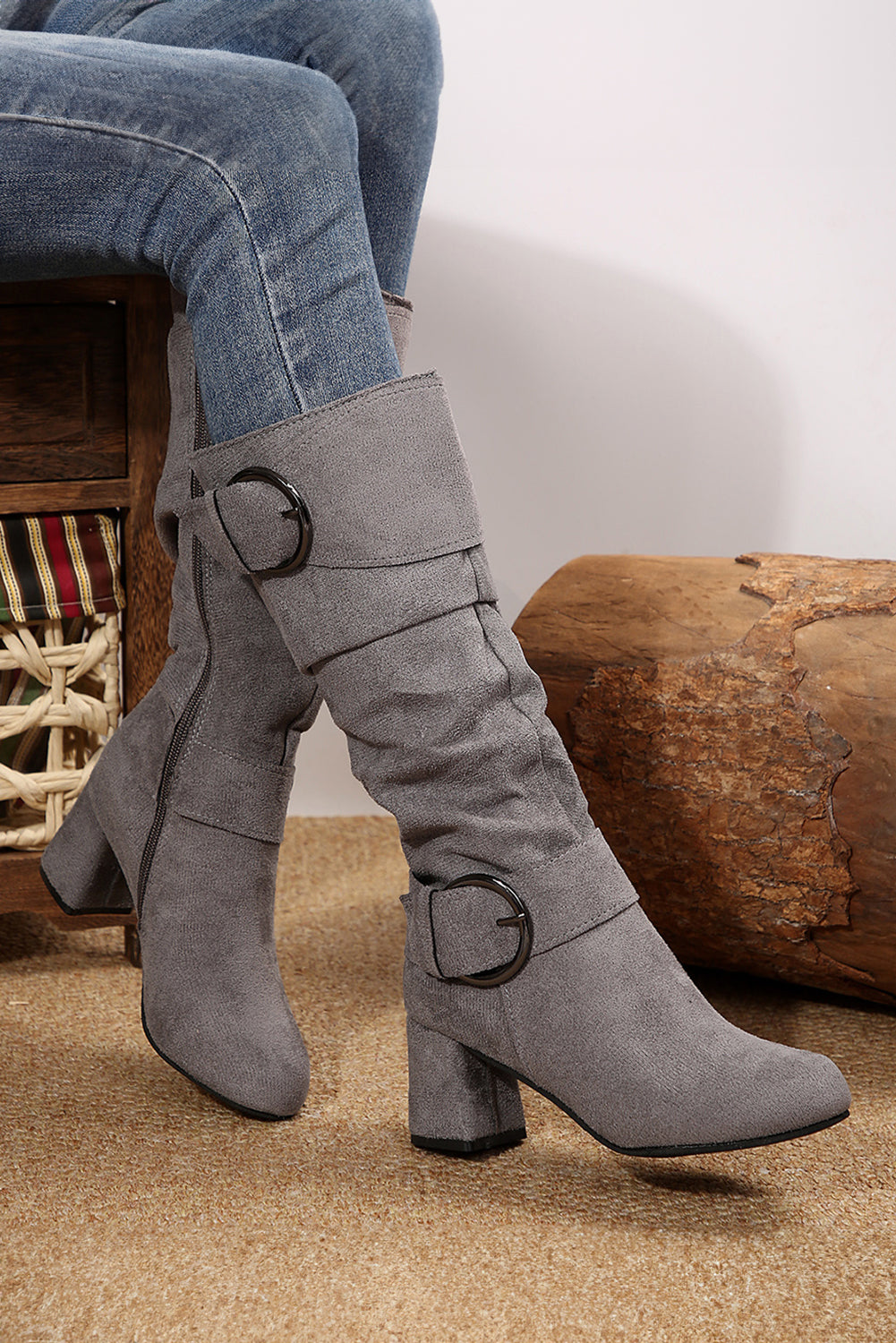 Navy Blue Suede Double Buckled Side Zipper Mid-calf Boots