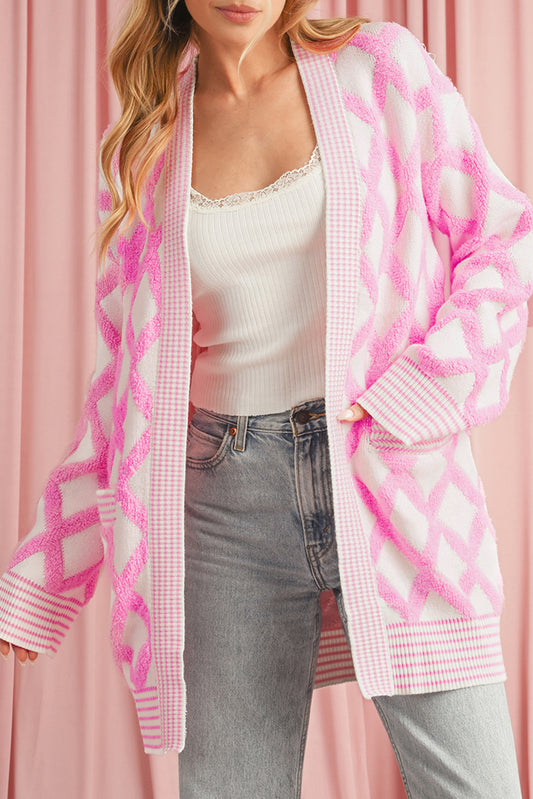 Pink Checkered Pockets Open Front Cardigan