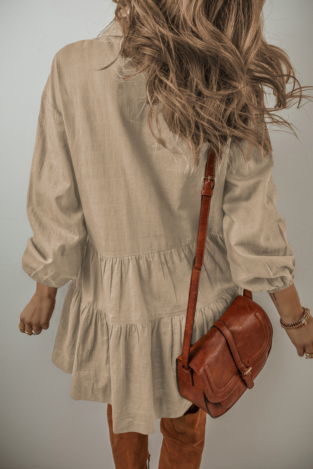 Tan Puff Sleeve Buttoned Tiered Pleated Shirt Mini Dress