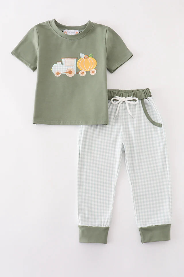 GREEN TRAIN PUMPKIN APPLIQUE BOY SET