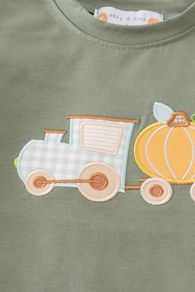 GREEN TRAIN PUMPKIN APPLIQUE BOY SET