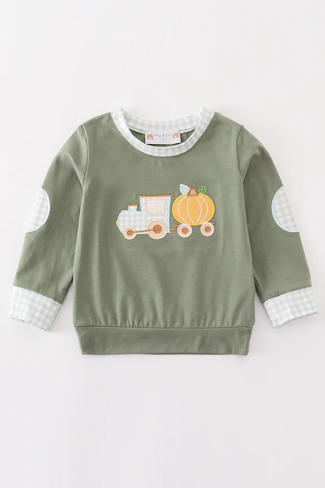 GREEN TRAIN PUMPKIN APPLIQUE BOY TOP