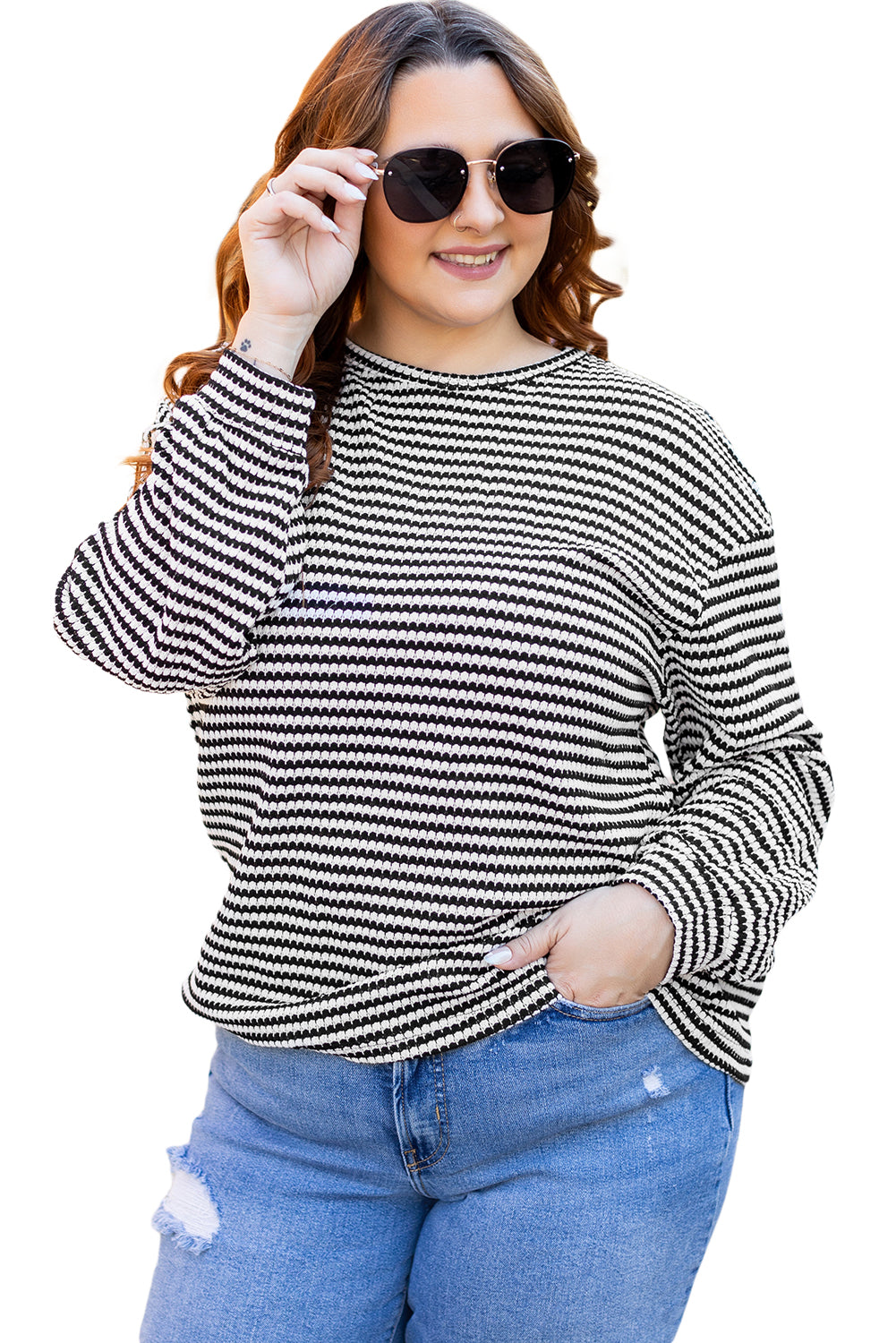 Black Stripe Drop Shoulder Puff Long Sleeve O Neck Plus Size T Shirt