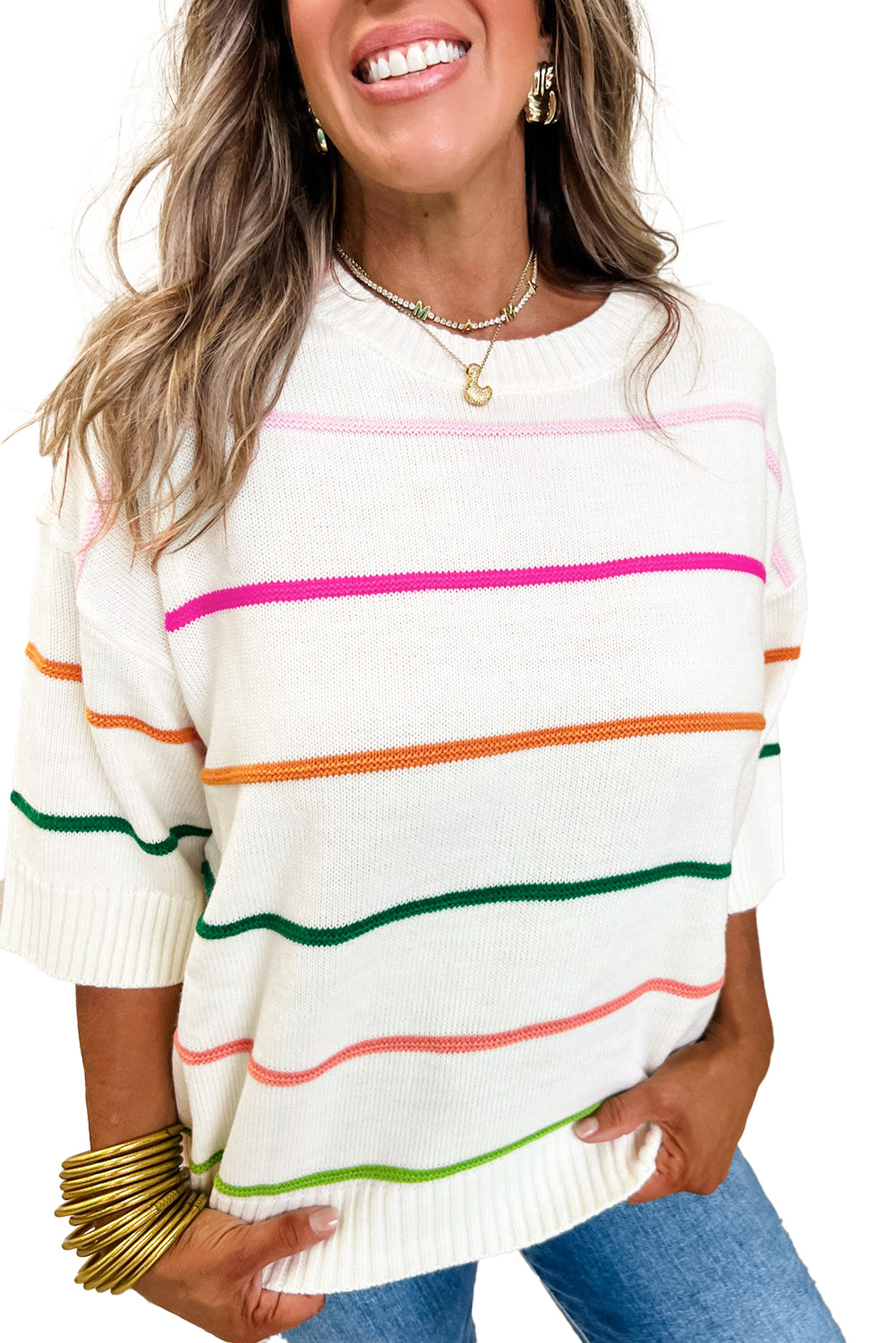 White Striped Half Sleeve Drop Shoulder Sweater