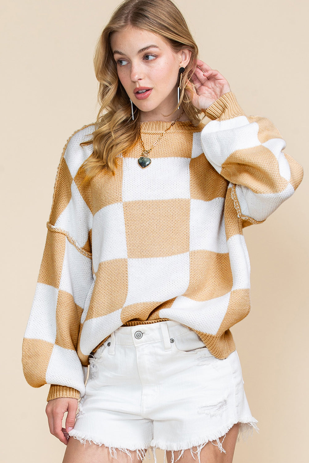 Green Checkered Bishop Sleeve Pullover Sweater