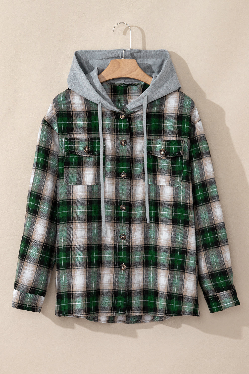 Red Plaid Print Chest Pocket Buttoned Hooded Shacket