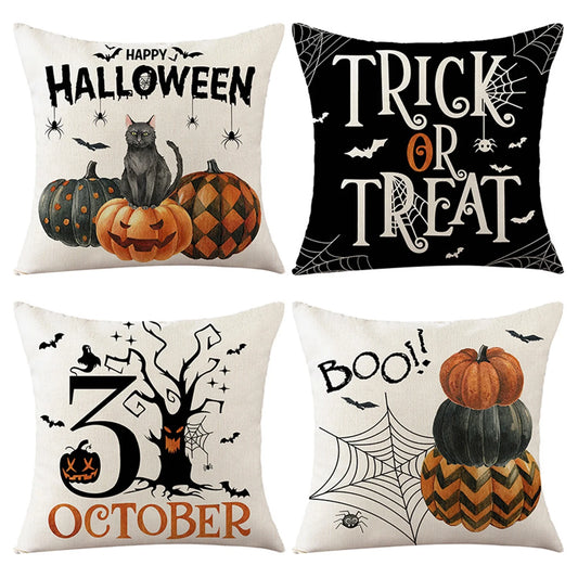 4Pcs Halloween Pumpkin Pillow Covers,18X18 Inches Trick or Treat Farmhouse Decor Boo Halloween Decorative 31 October Throw Pillow Cover