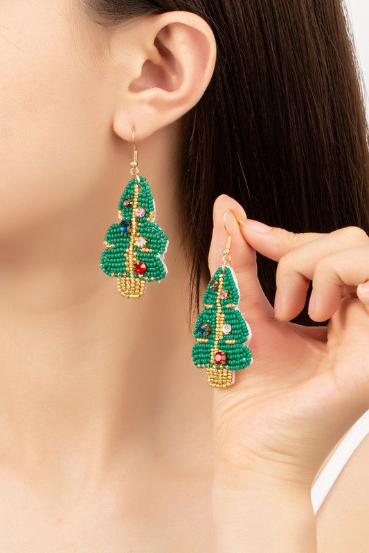 hand done seed bead Christmas tree drop earrings