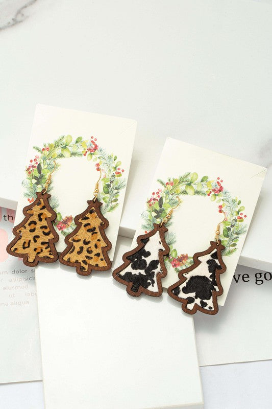 wood Christmas tree earrings with leather inlay