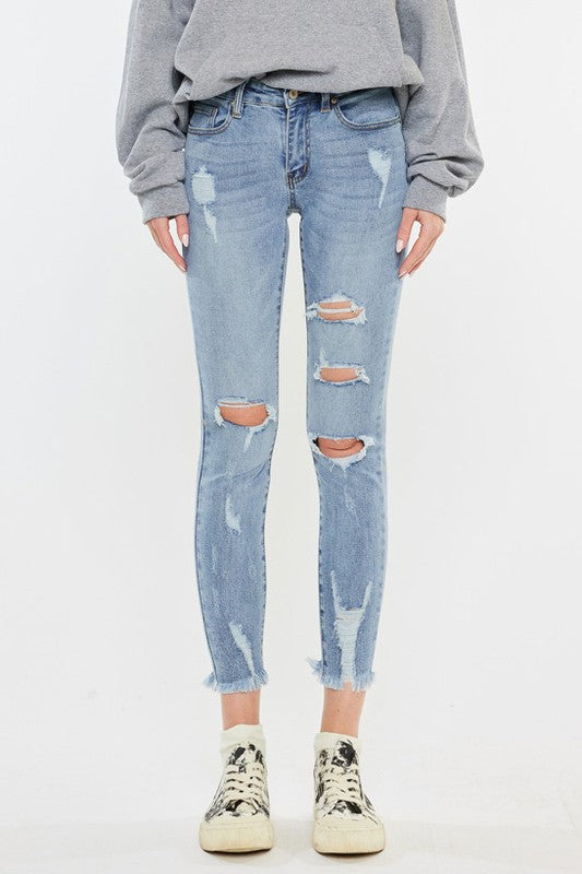 Mid Rise Distressed Ankle Skinny Jeans