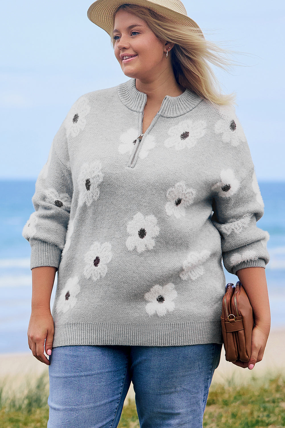 Gray Plus Size Embroidered Floral Pattern Half Zip Sweater