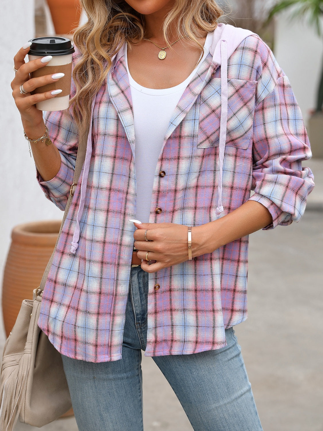 Plaid Long Sleeve Hooded Jacket