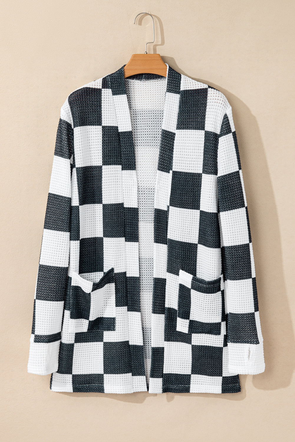 Black Checkered Waffle Knit Thumbhole Long Sleeve Cardigan