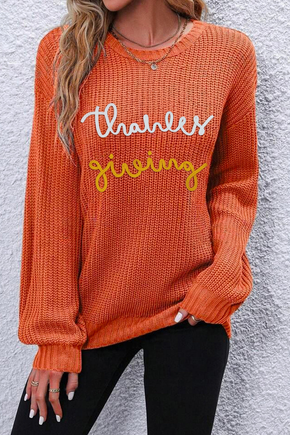 Gold Flame Thanksgiving Letter Graphic Crew Neck Sweater