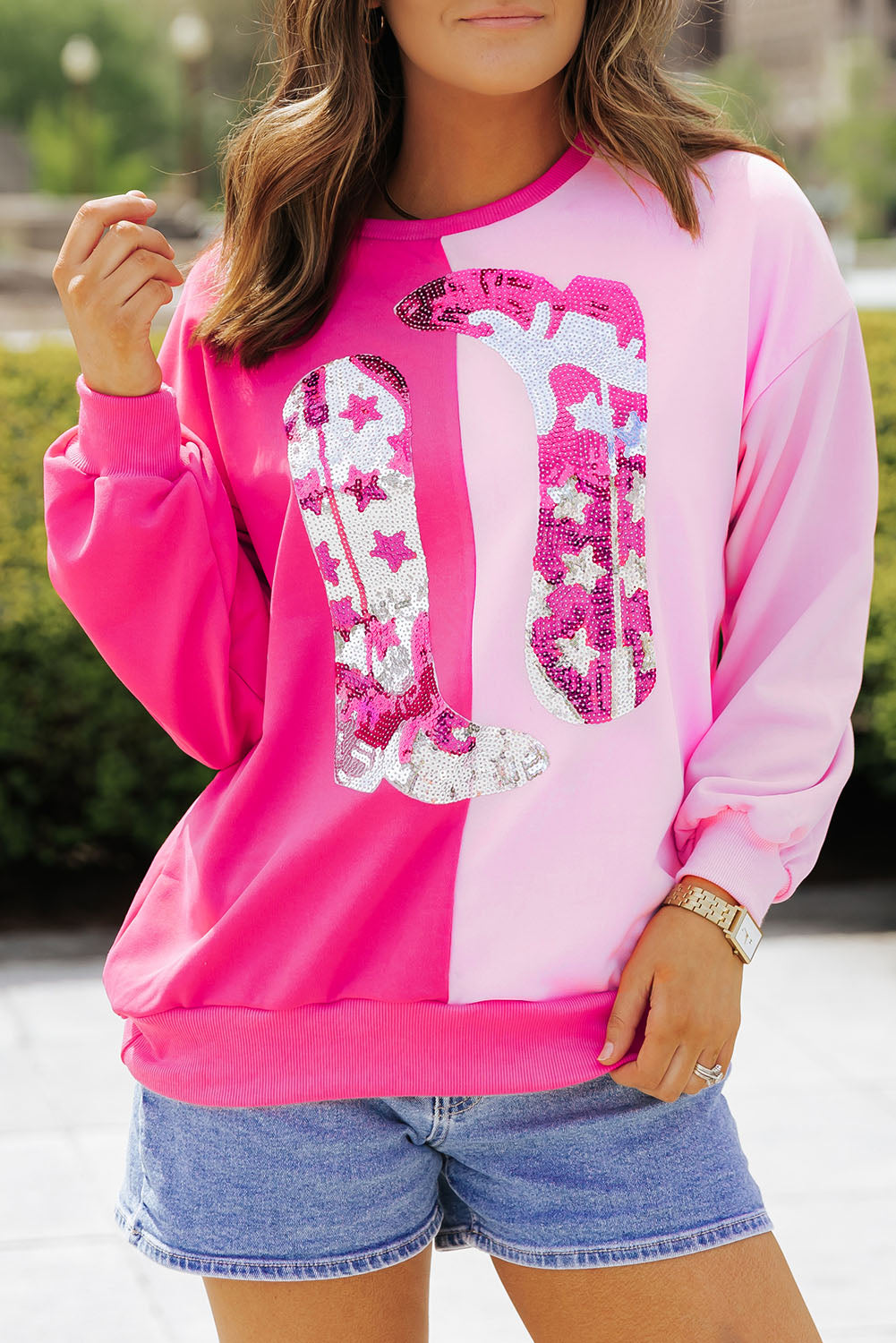 Pink Color Block Sequined Cowgirl Boots Graphic Sweatshirt