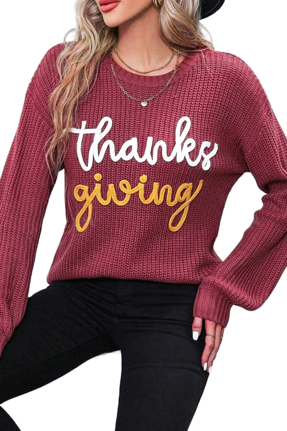 Gold Flame Thanksgiving Letter Graphic Crew Neck Sweater