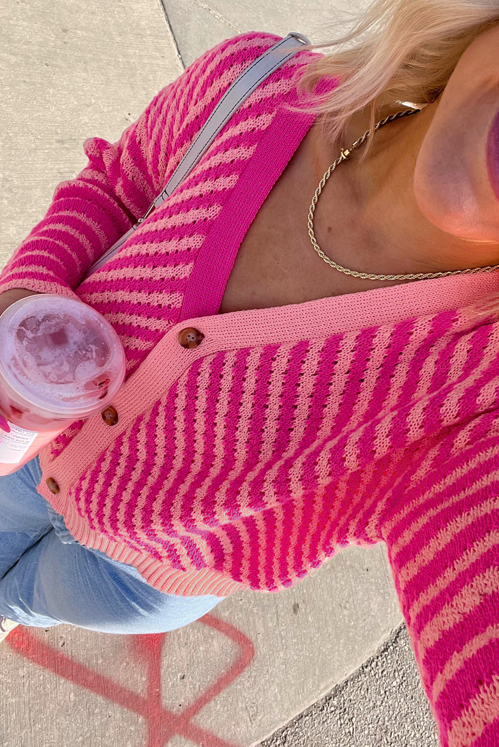 Pink Striped Buttoned V Neck Drop Shoulder Cardigan