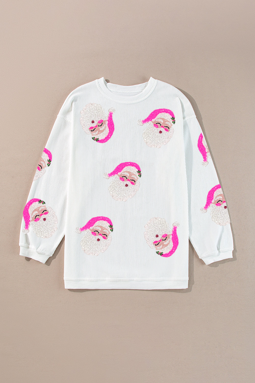 White Sequin Santa Claus Ribbed Oversized Graphic Sweatshirt