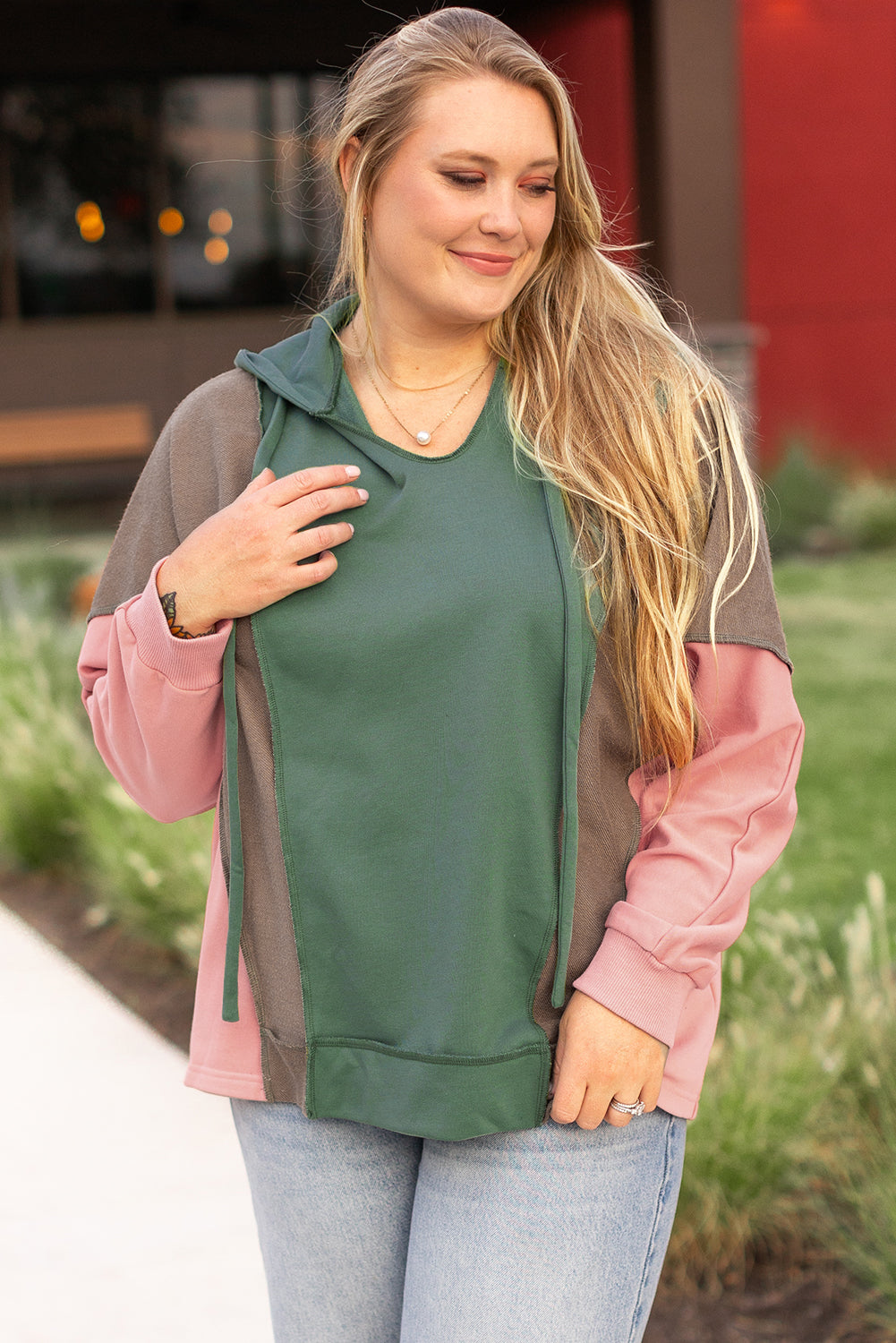 Breen Plus Size Colorblock Patchwork V Neck Hoodie