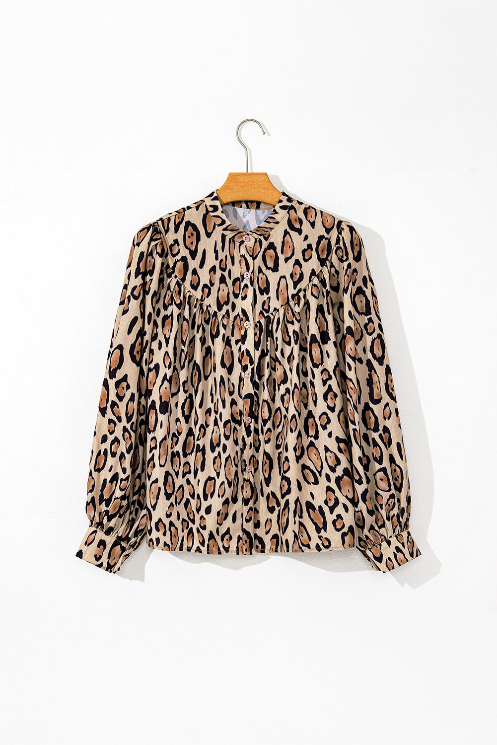 Light French Beige Leopard Print Balloon Sleeve Loose Blouse