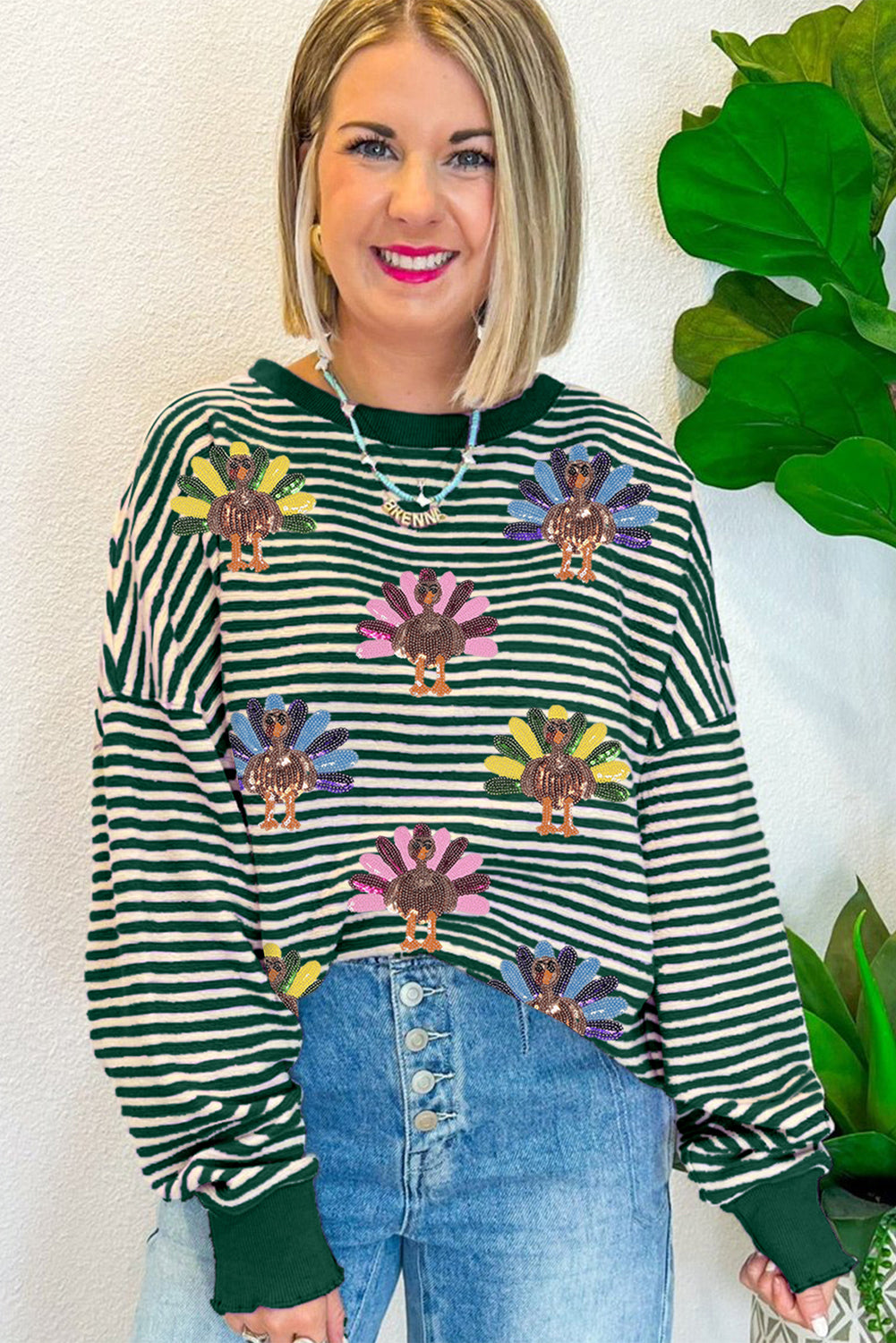 Green Stripe Sequined Turkey Pattern Drop Shoulder Pullover Sweatshirt