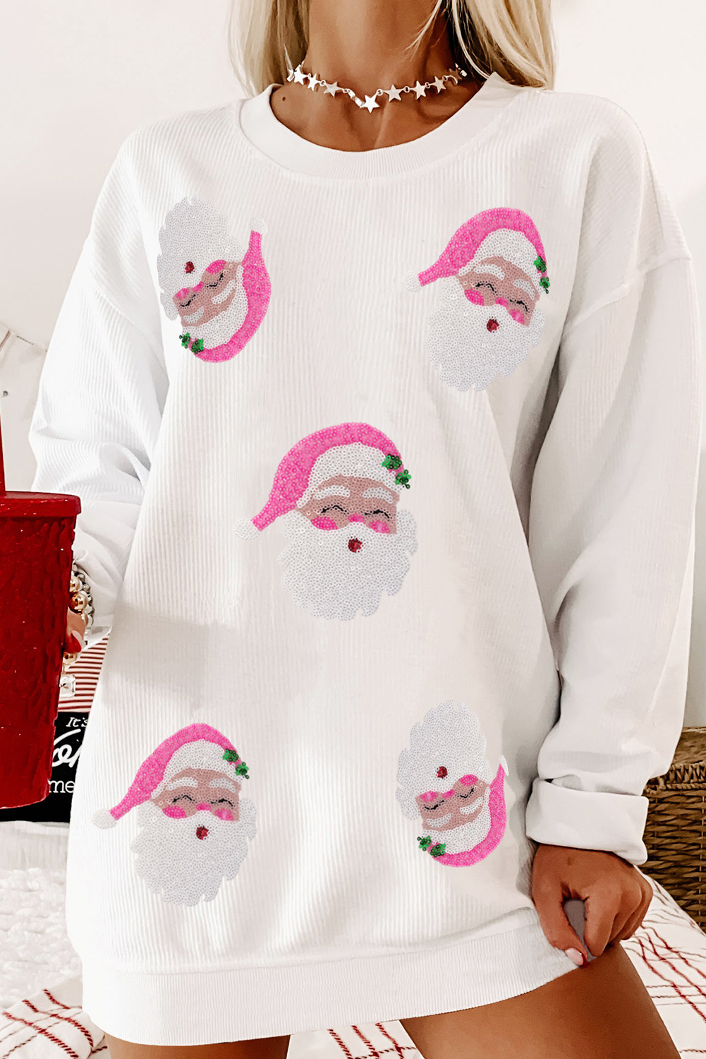 White Ribbed Sequin Santa Claus Graphic Christmas Sweatshirt