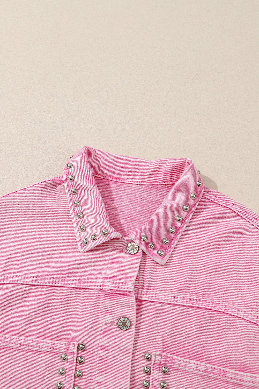 Pink Rivets Pocketed Cropped Denim Jacket