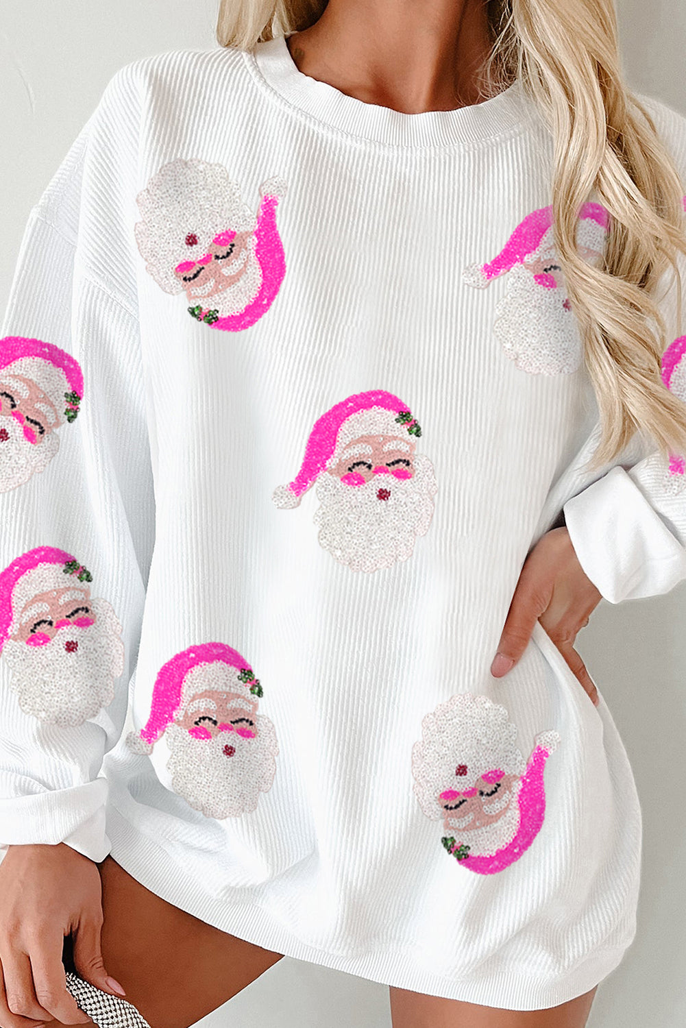 White Sequin Santa Claus Ribbed Oversized Graphic Sweatshirt