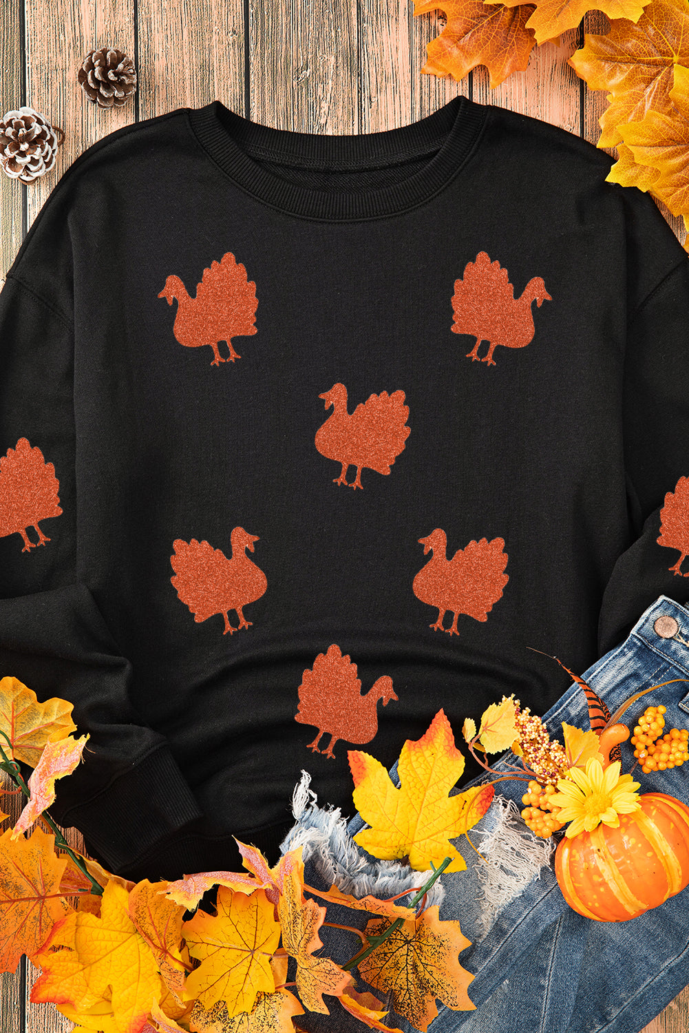 Black Glittering Turkey Graphic Drop Shoulder Thanksgiving Sweatshirt