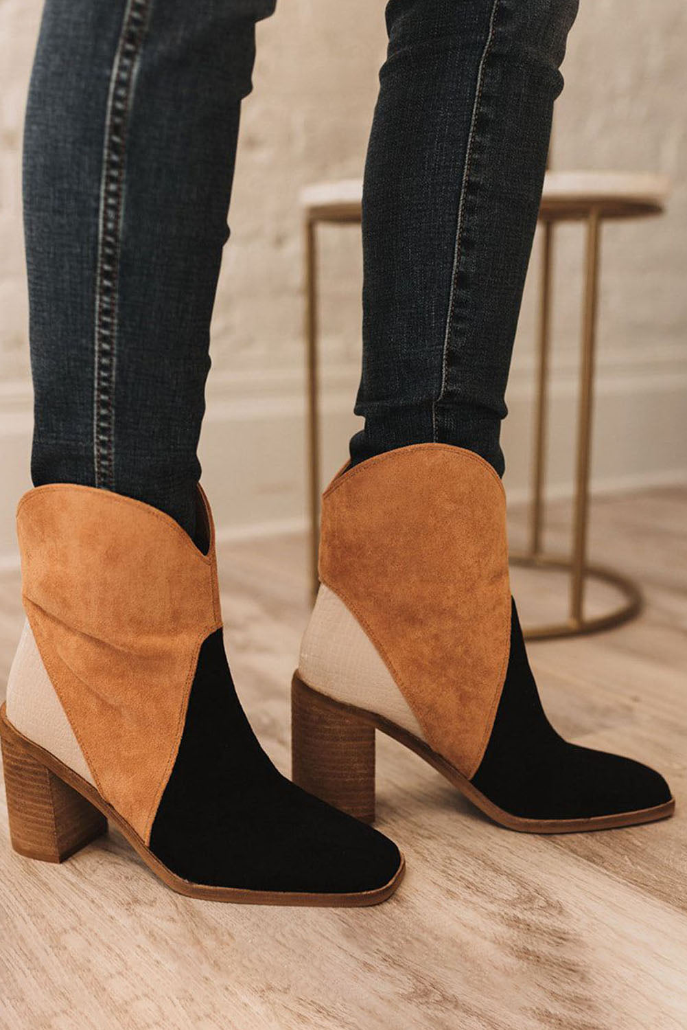 Black Colorblock Suede Heeled Ankle Booties