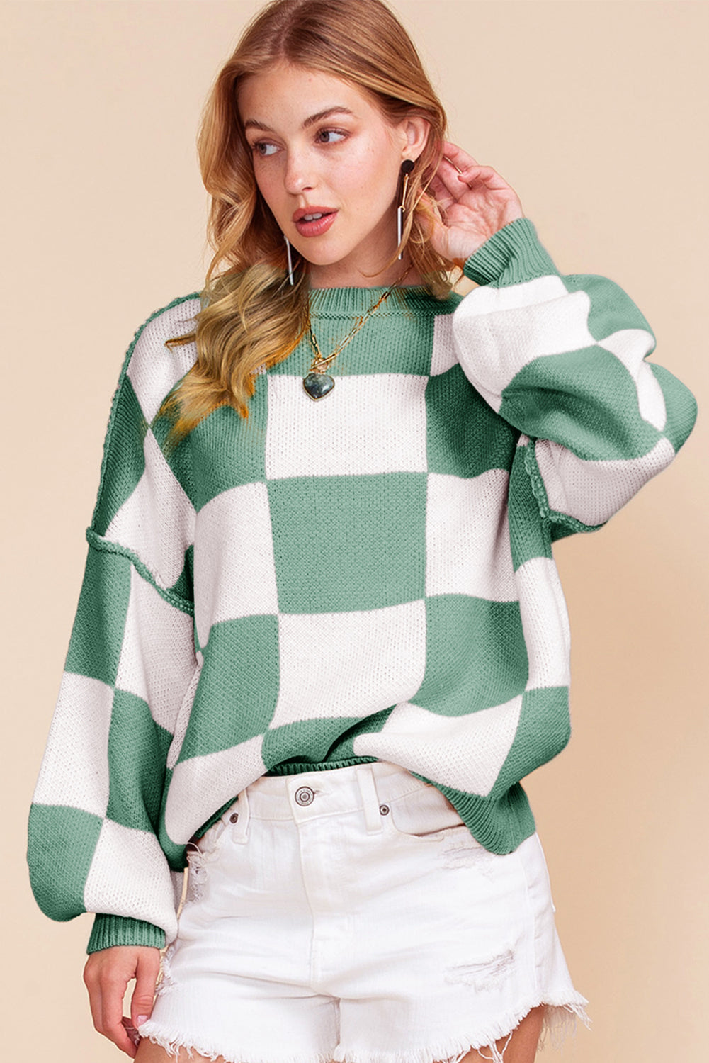 Green Checkered Bishop Sleeve Pullover Sweater