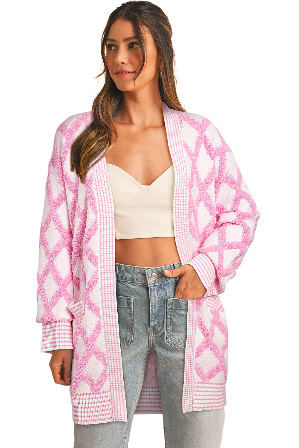 Pink Checkered Pockets Open Front Cardigan