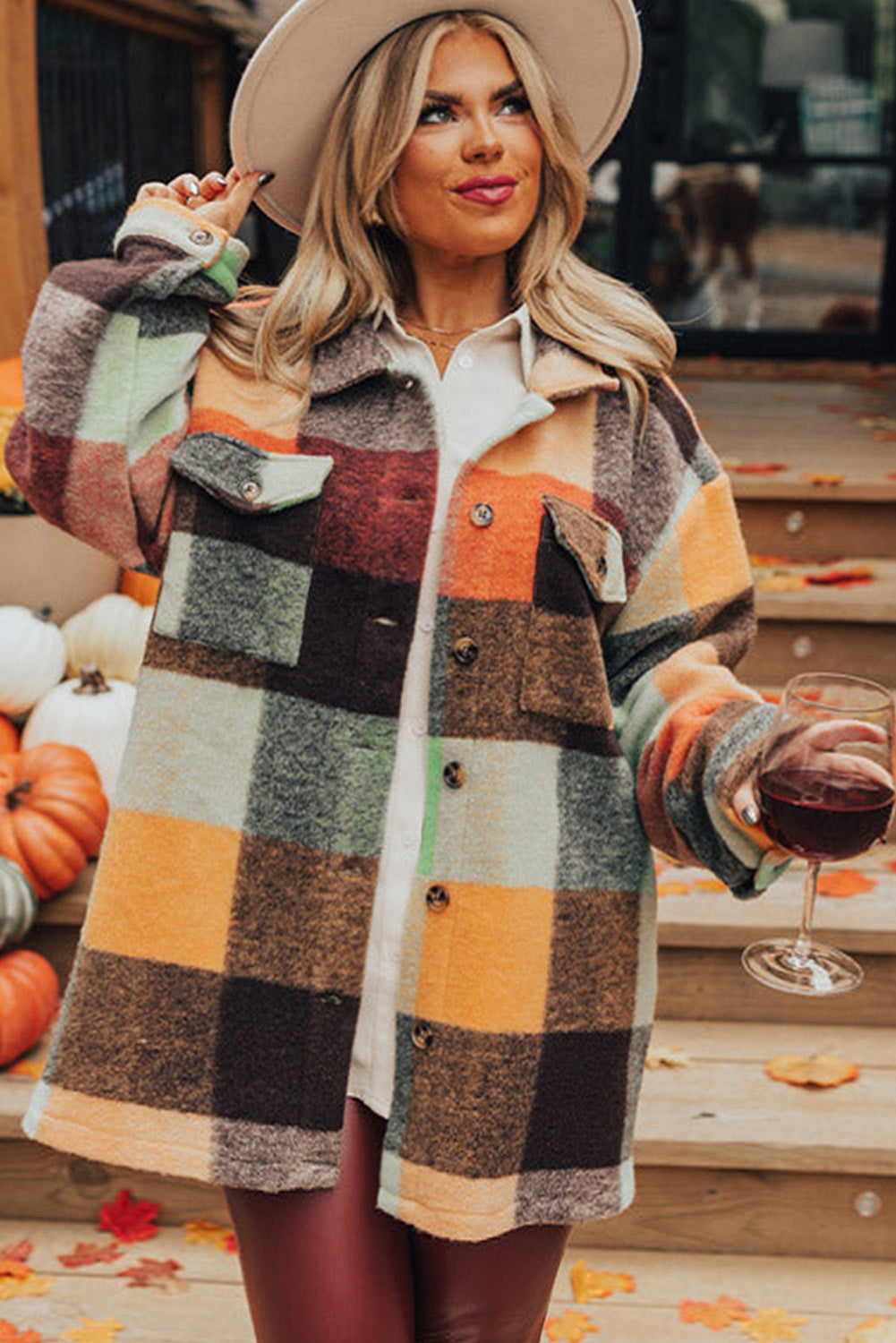 Orange Plaid Print Flap Pocket Long Jacket