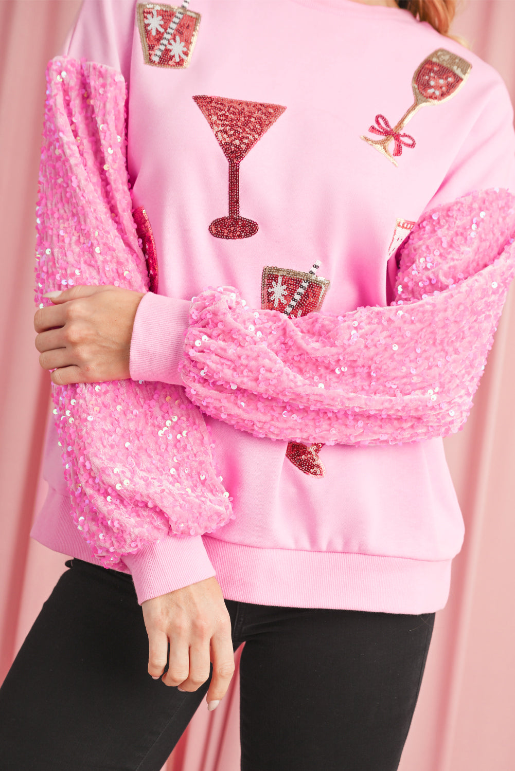 Pink Shiny Goblet Graphic Drop Shoulder Sequin Sleeve Top