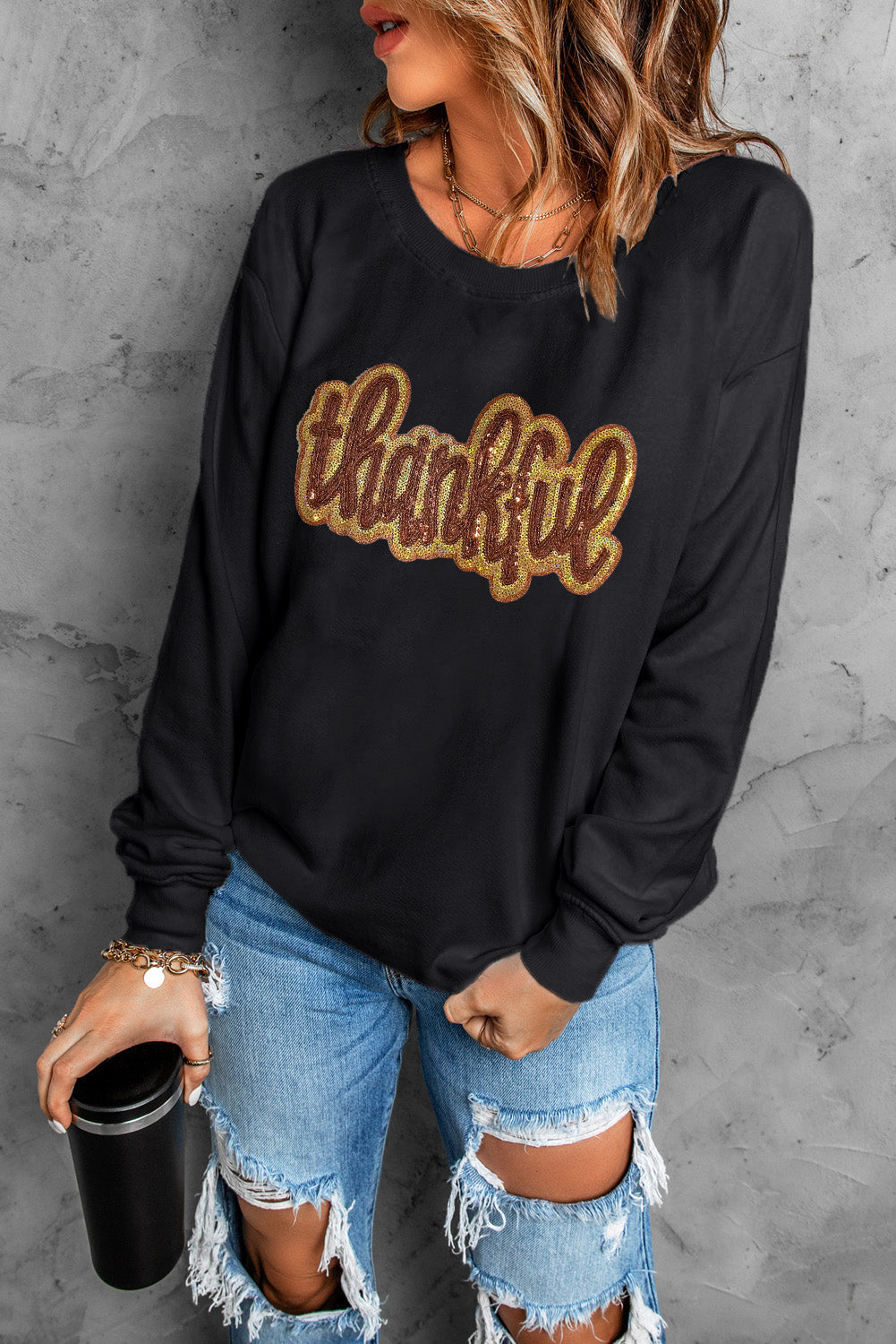 Black thankful Print Sequin Graphic Sweatshirt