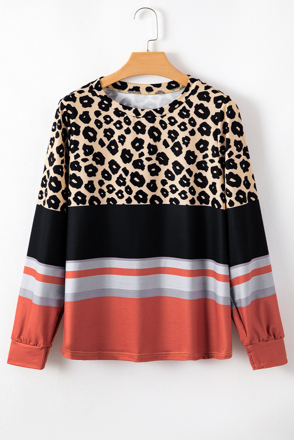 Brown Leopard Striped Color Block Long Sleeve Top