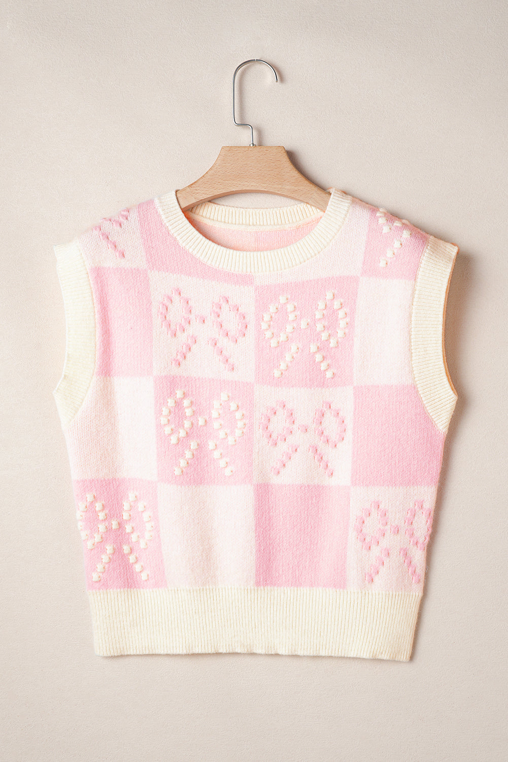 Pink Preppy Checkered Bowknot Knit Vest