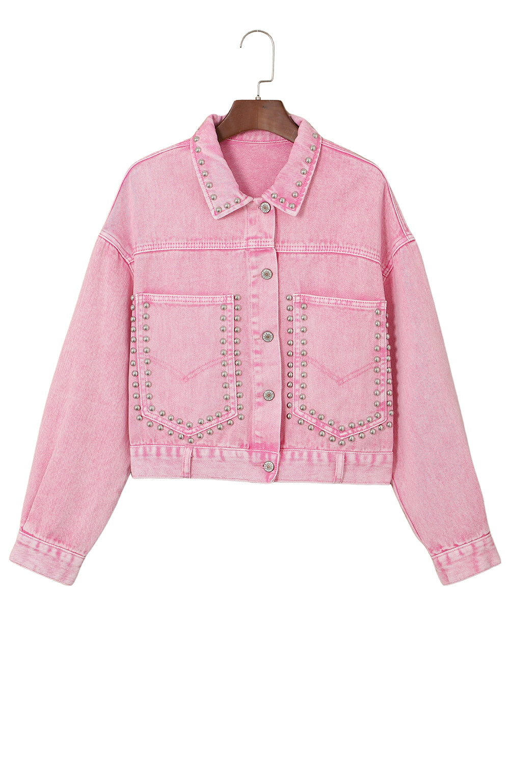 Pink Rivets Pocketed Cropped Denim Jacket