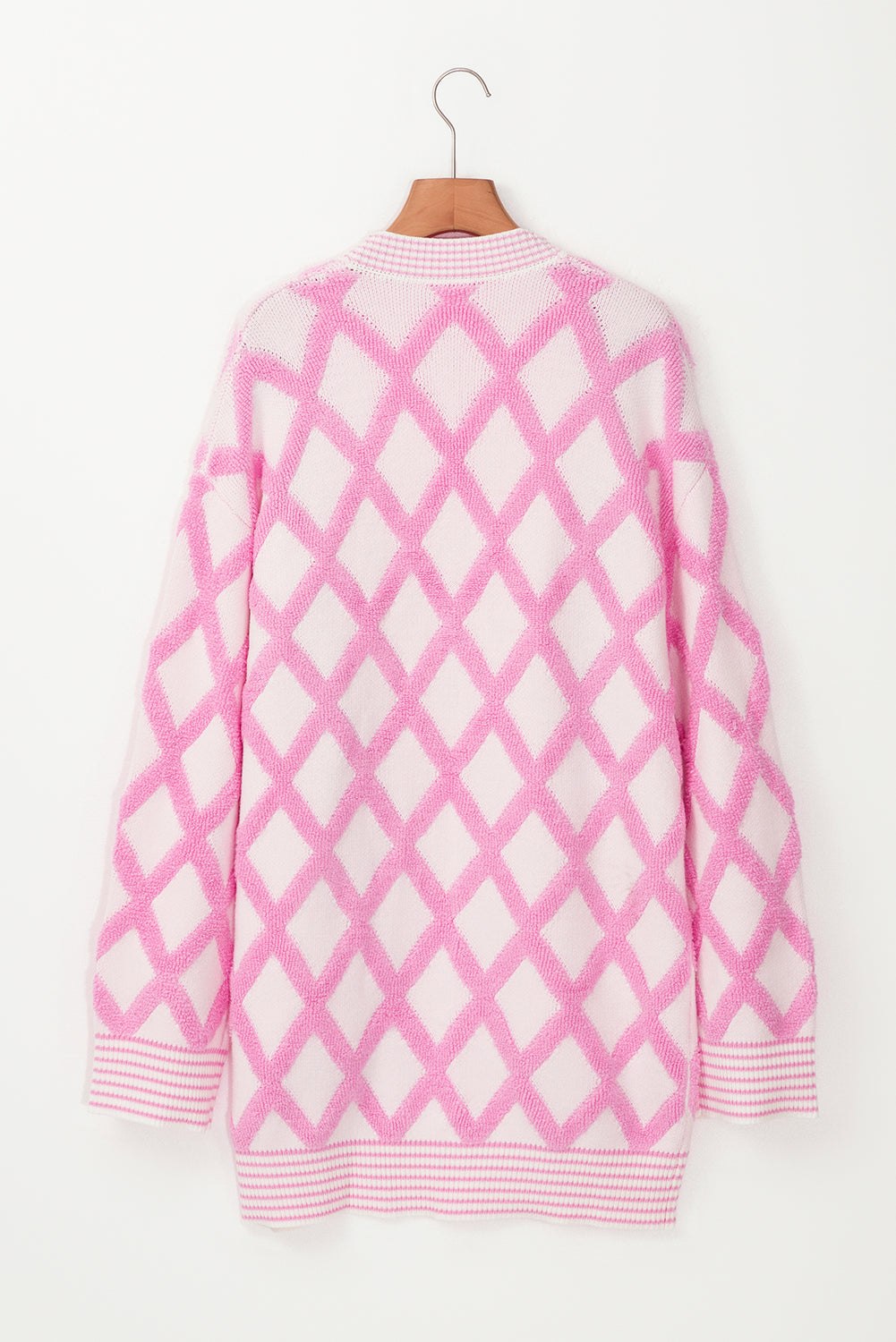 Pink Checkered Pockets Open Front Cardigan