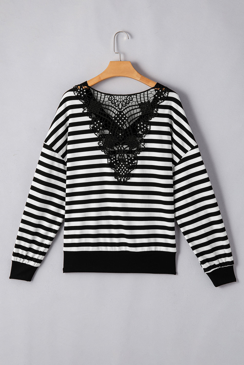 Black Stripe Crochet Hollow-out Back Buttoned Decor V Neck Top