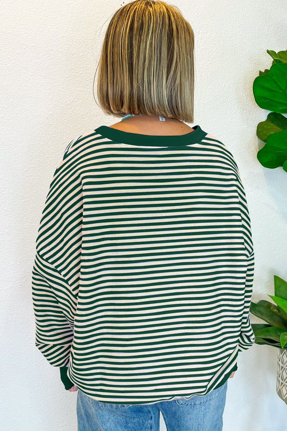 Green Stripe Sequined Turkey Pattern Drop Shoulder Pullover Sweatshirt