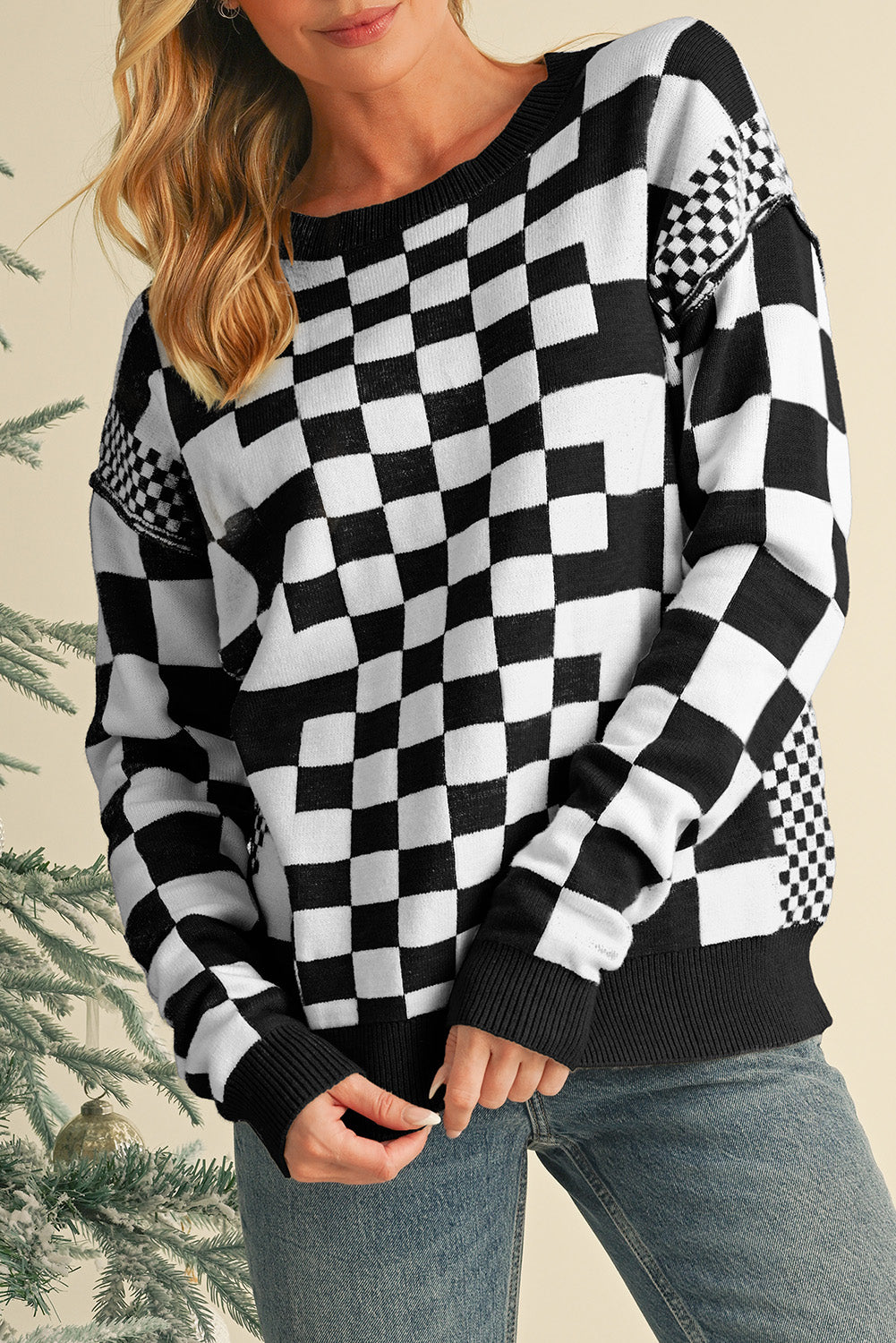 Black Checkered Drop Shoulder Round Neck Sweater