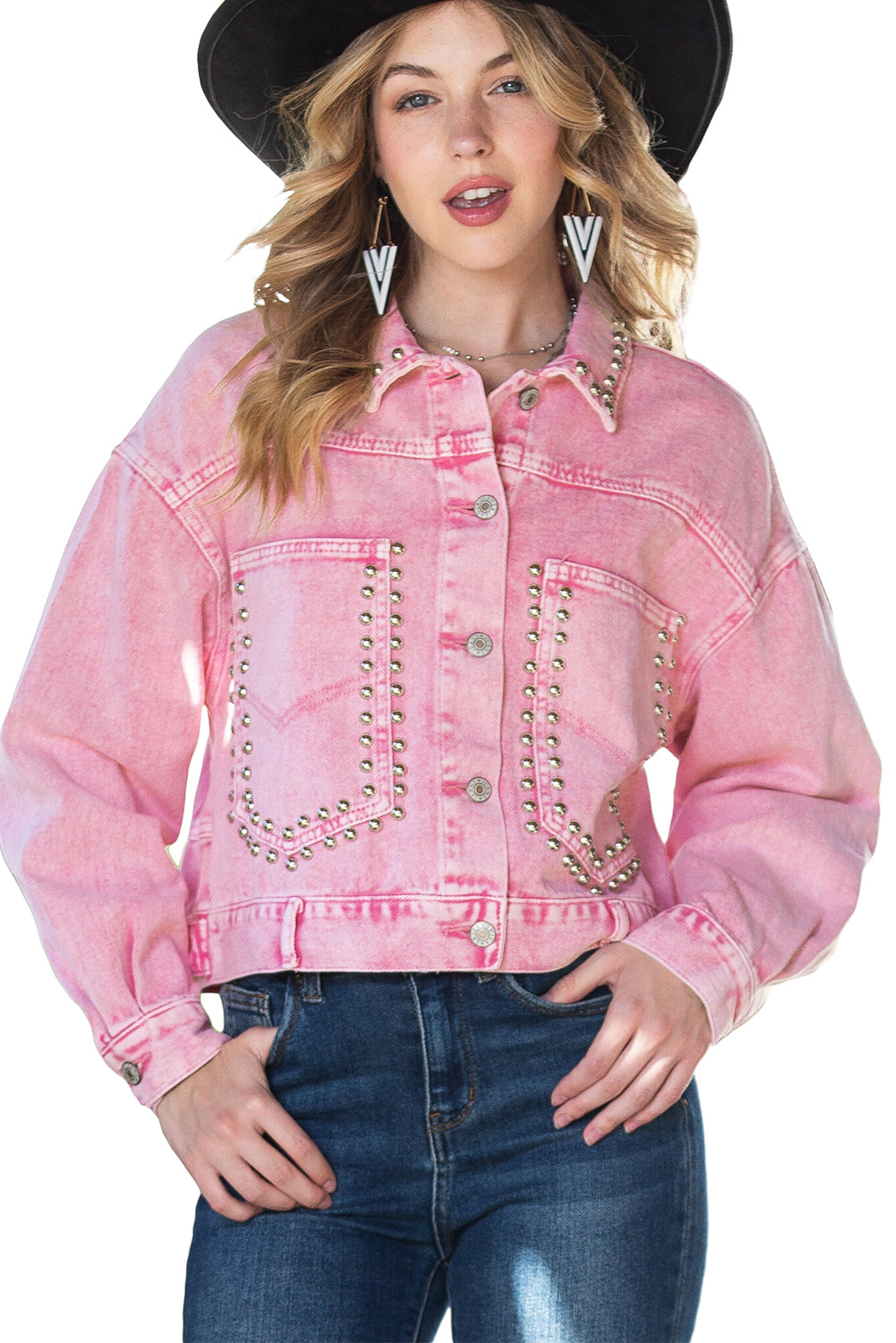 Pink Rivets Pocketed Cropped Denim Jacket