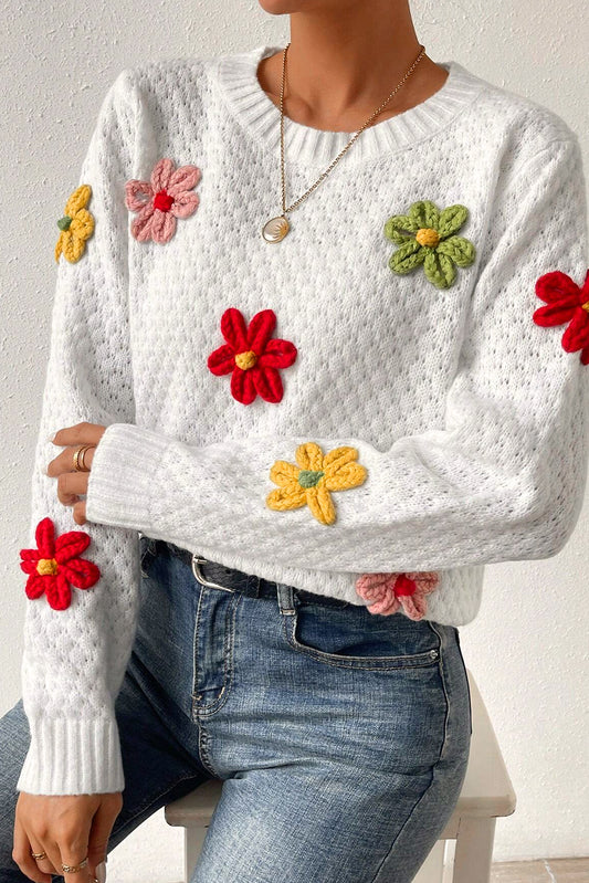 White Colorful Flower Applique Textured Knit Sweater