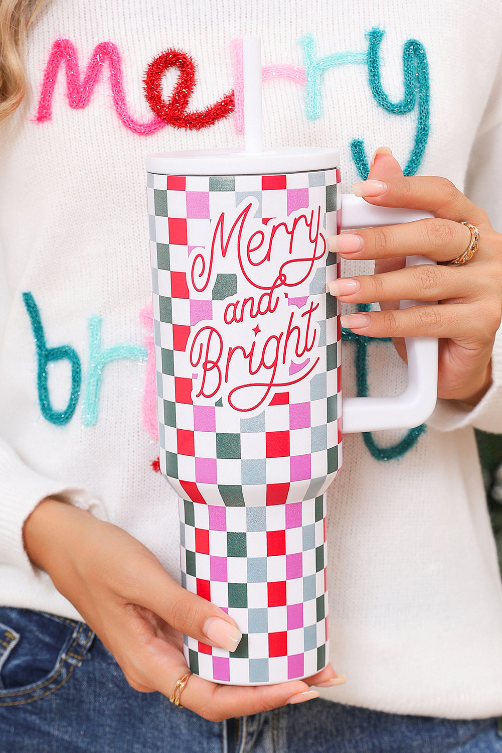 Red Merry and Bright Checkered Tumbler Cup